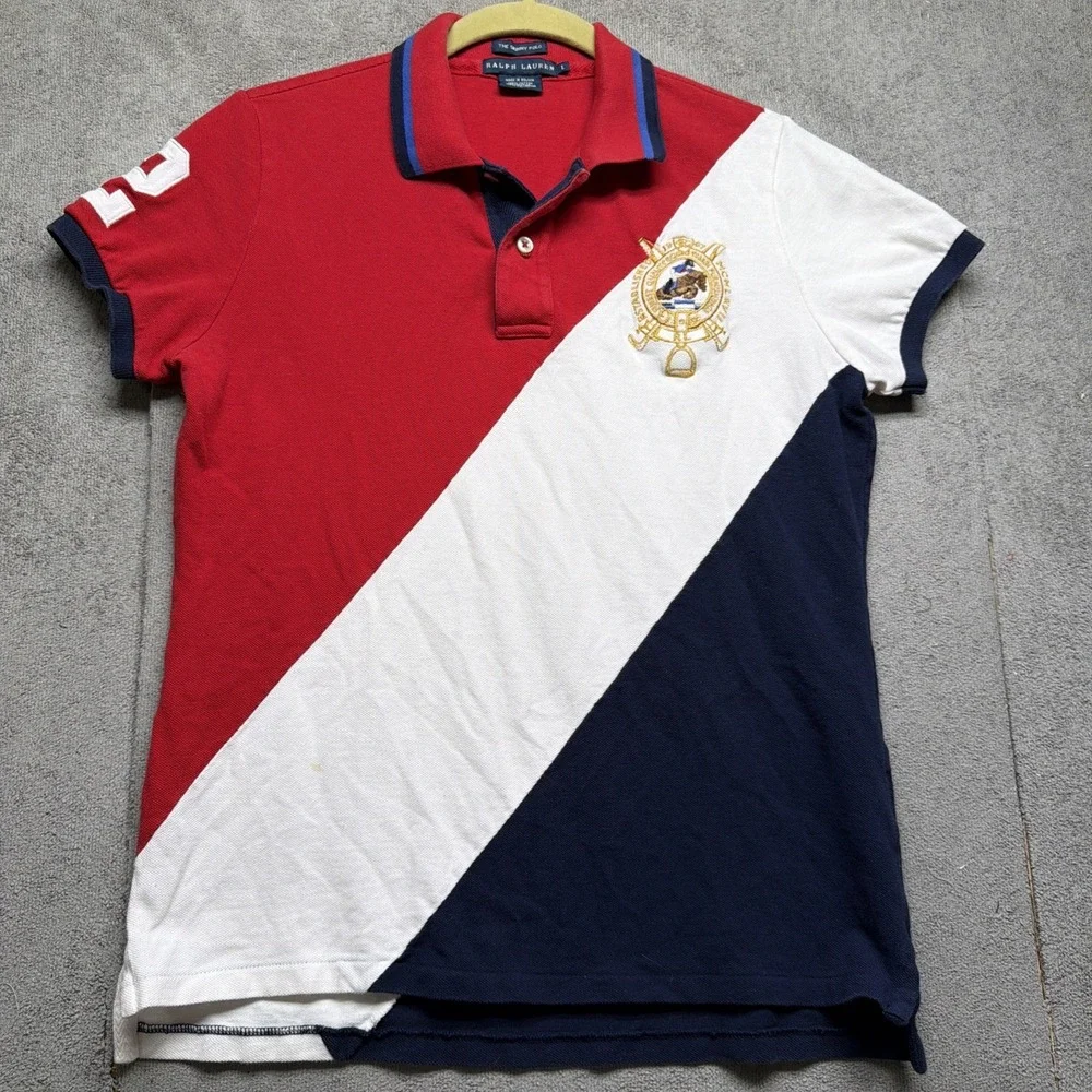 Ralph Lauren Skinny Polo‎ Shirt Equestrian Crest No 2 Sleeve Colorblock Mens L